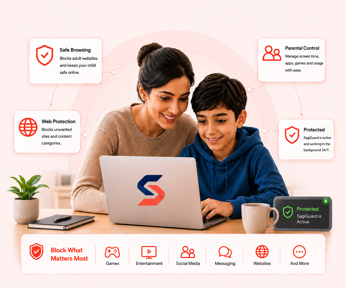 Parent helping child use a laptop safely with SagiGuard
